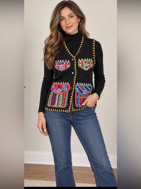 Vintage 1995 Michael Simon Beaded Sequin Sweater Vest Wearable Art Black